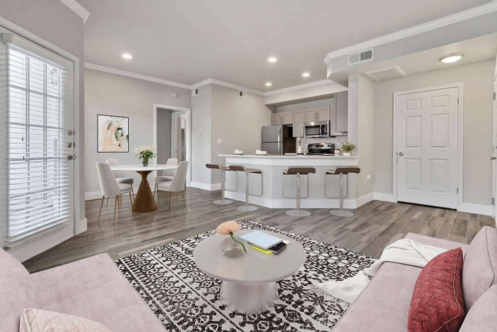 Luxurious apartment living room and open kitchen at Charleston in San Antonio,Texas