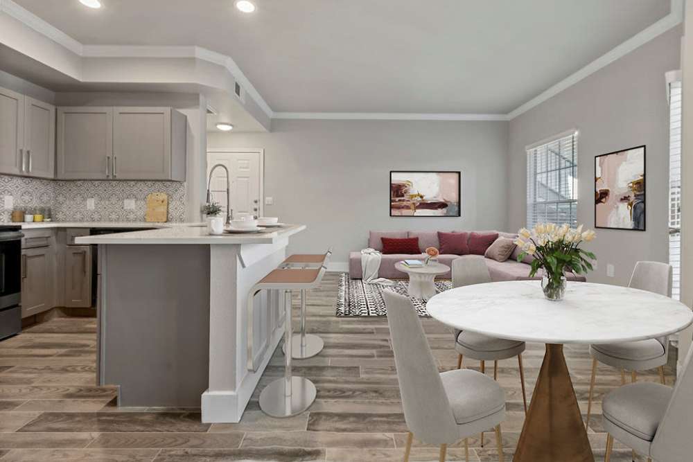 Beautiful apartment kitchen and living area at Charleston in San Antonio,Texas