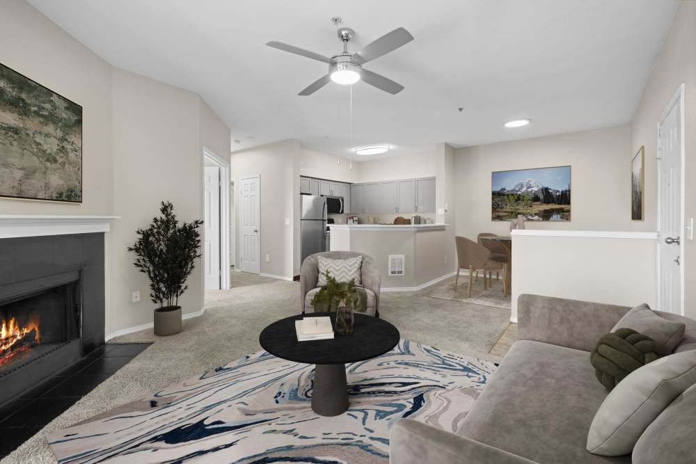 View into the living room at Wildreed Apartments in Everett, Washington