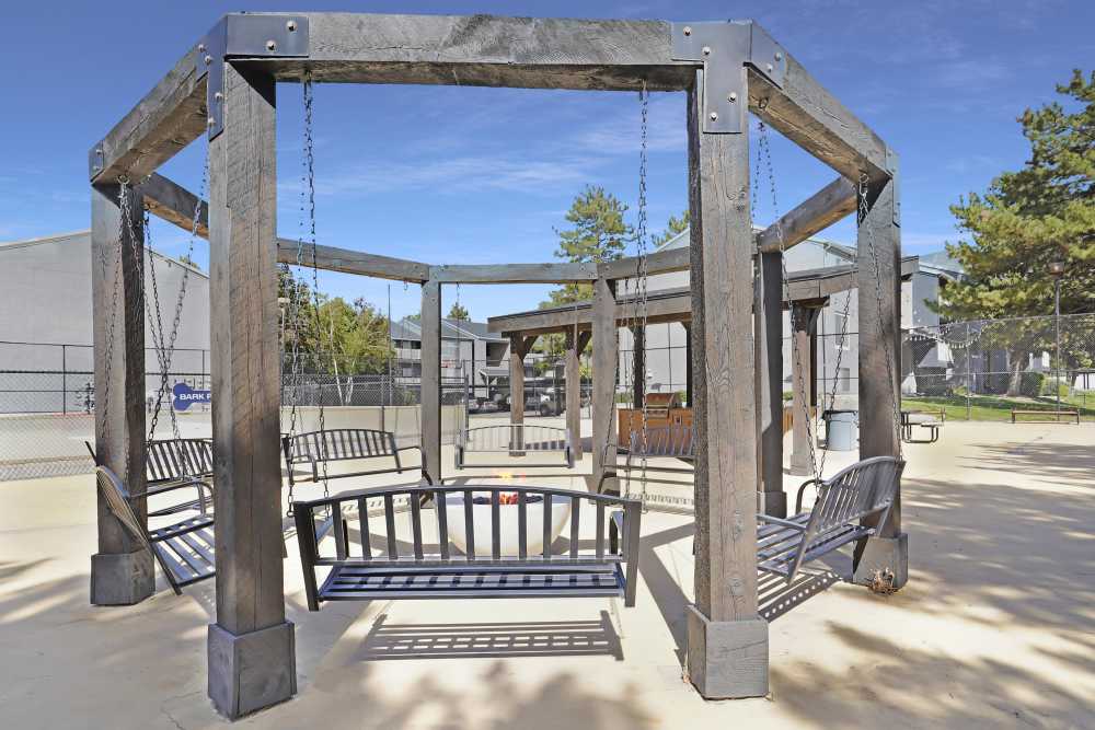Aerial view of the fire pit lounge and dog park at Royal Farms Apartments in Salt Lake City, Utah