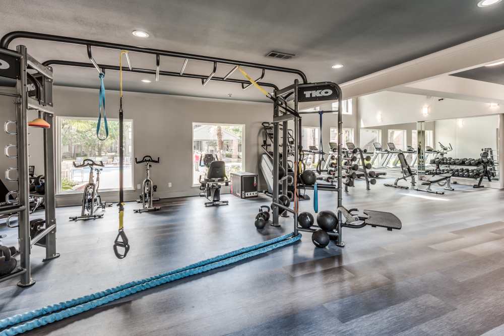 Fitness center with wide range of equipment at The Haven On Buoy in Webster,Texas