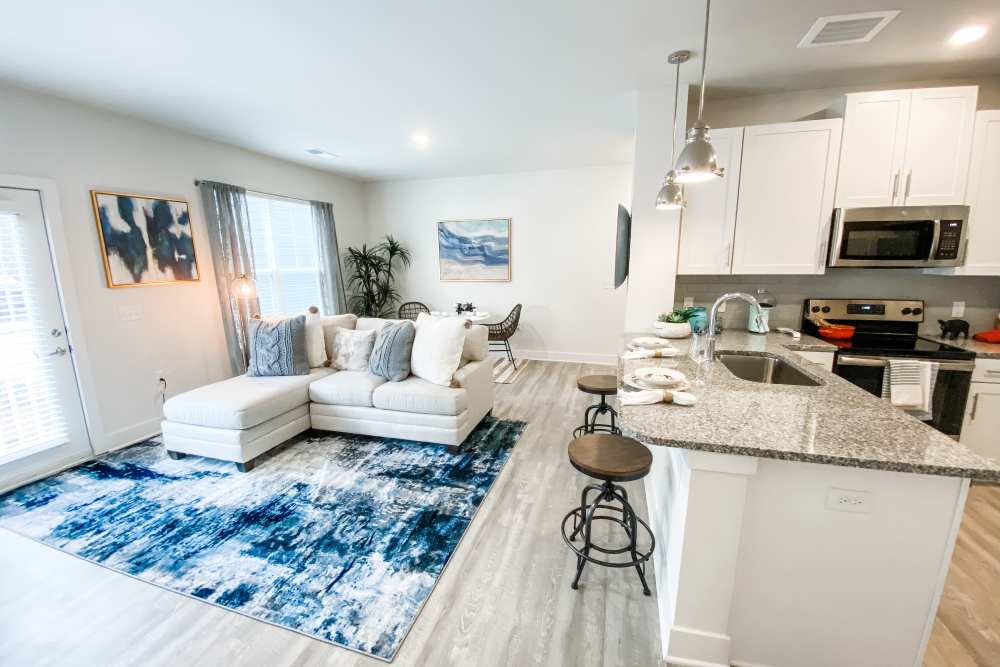 Living room with large sofa at South City Apartments in Summerville, South Carolina