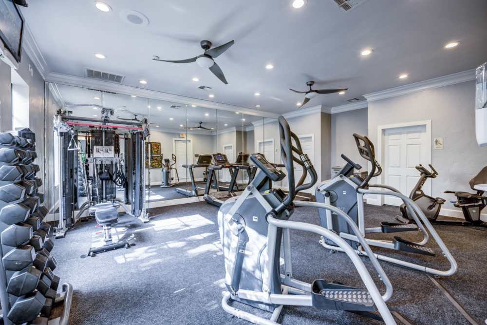 Fully-equipped gym at The Quarry Townhomes in San Antonio, Texas