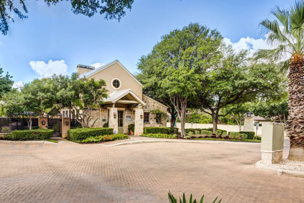 Beautiful community entry way at The Quarry Townhomes in San Antonio, Texas