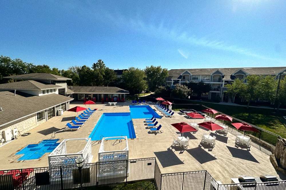 Aerial view of the swimming pool at The Landing Lawrence