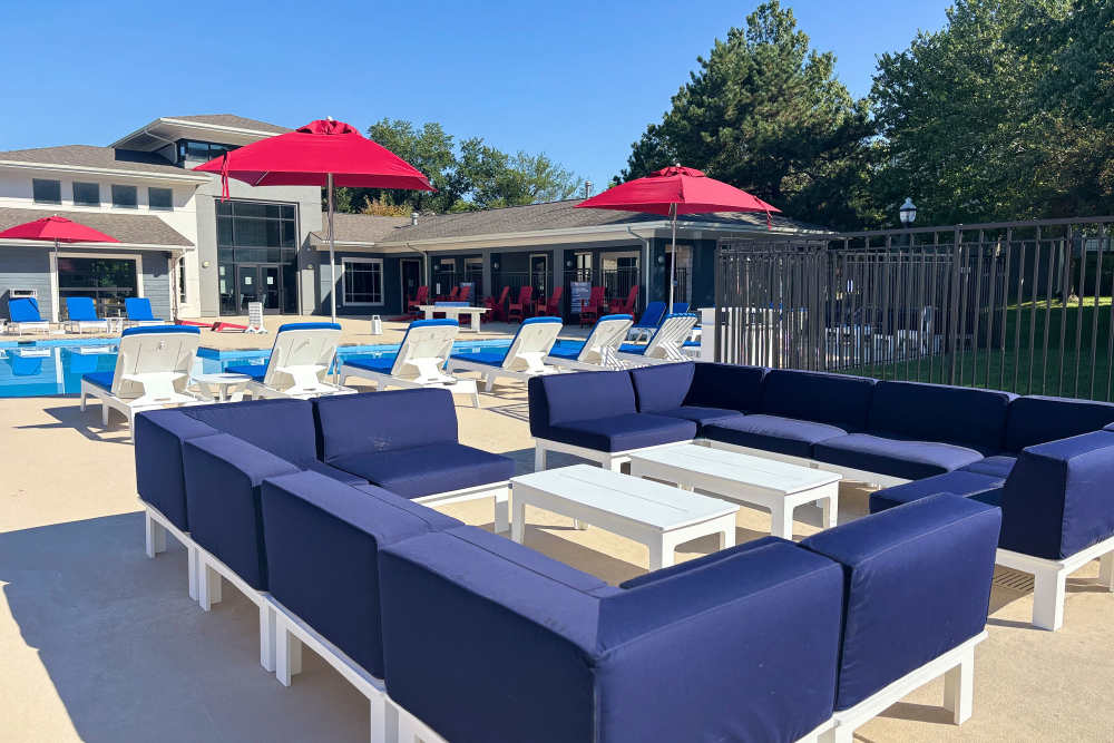 Outdoor comfy couches and seating area at The Landing Lawrence 
