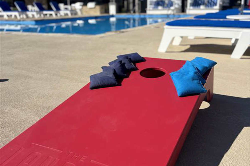 Cornhole boards at The Landing Lawrence 