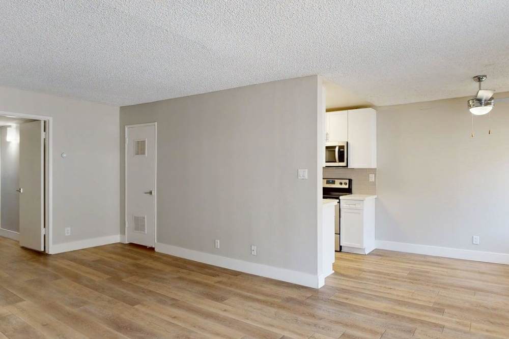 Hallway beside the apartment kitchen at The Indie Glendale Collection in Glendale, California