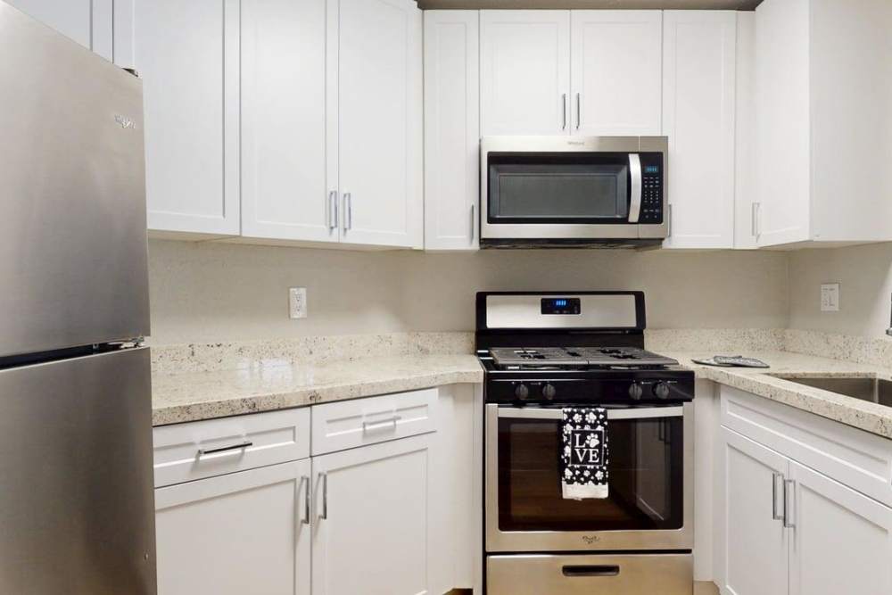 Apartment kitchen with dual color Appliances at The Indie Glendale Collection in Glendale, California