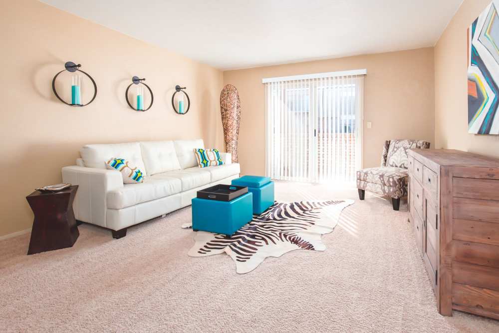 Living room with attached patio at Council Crossing in Bethany, Oklahoma
