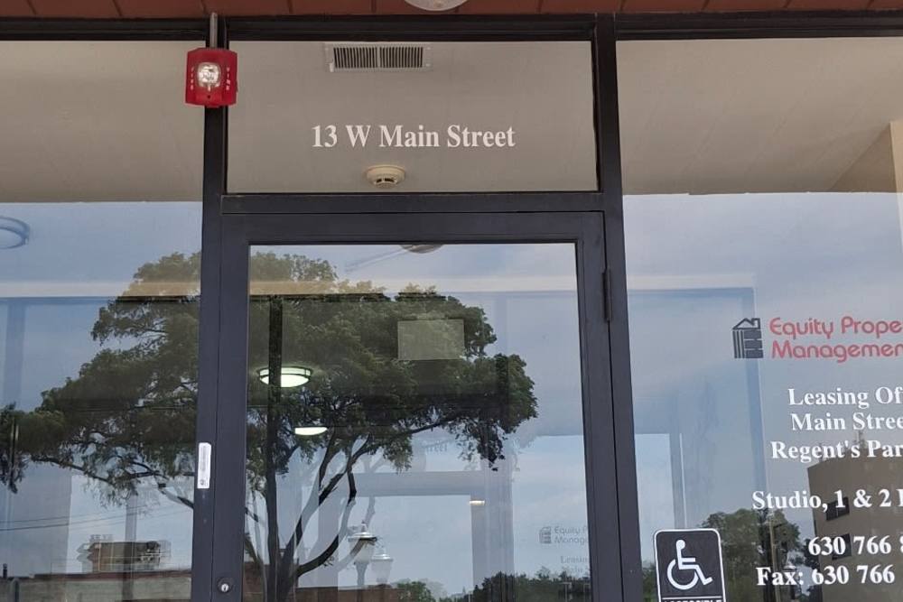 Front entrance at Main Street Apartments in Bensenville, Illinois