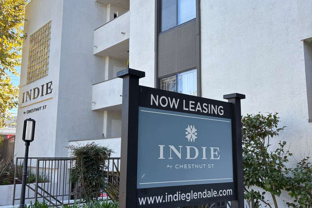 Signboard with community name at The Indie Glendale Collection in Glendale, California