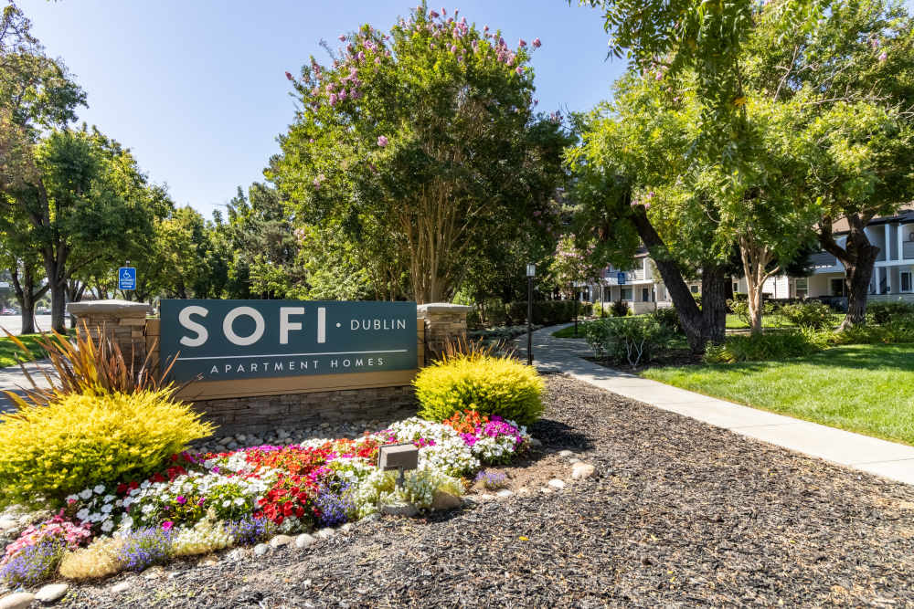 Our monument sign welcoming residents and their guests to Sofi Dublin in Dublin, California