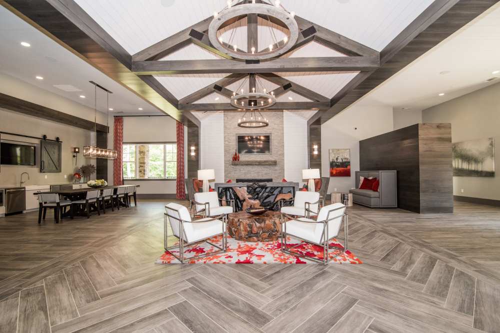 Indoor lounge with chairs at Lodge at Croasdaile Farm in Durham, North Carolina