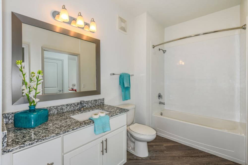 Bright bathroom at Champions Vue Apartments in Davenport, Florida
