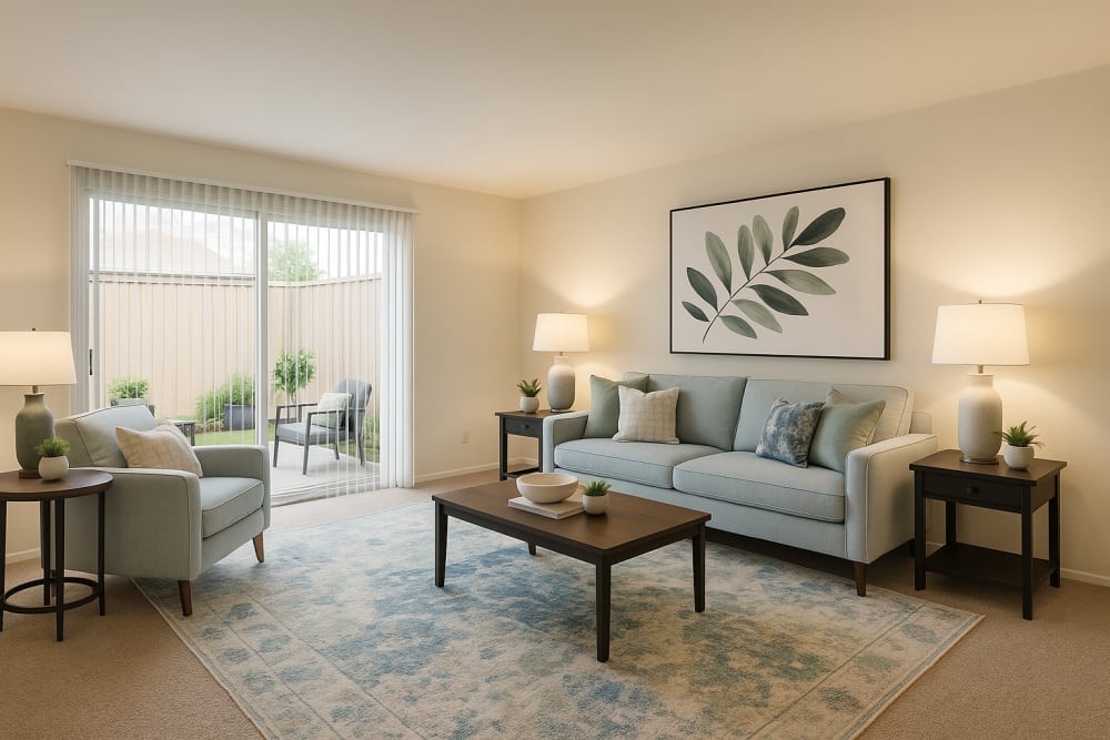 Well-lit living room at Tabby Villa Apartments in Savannah, Georgia