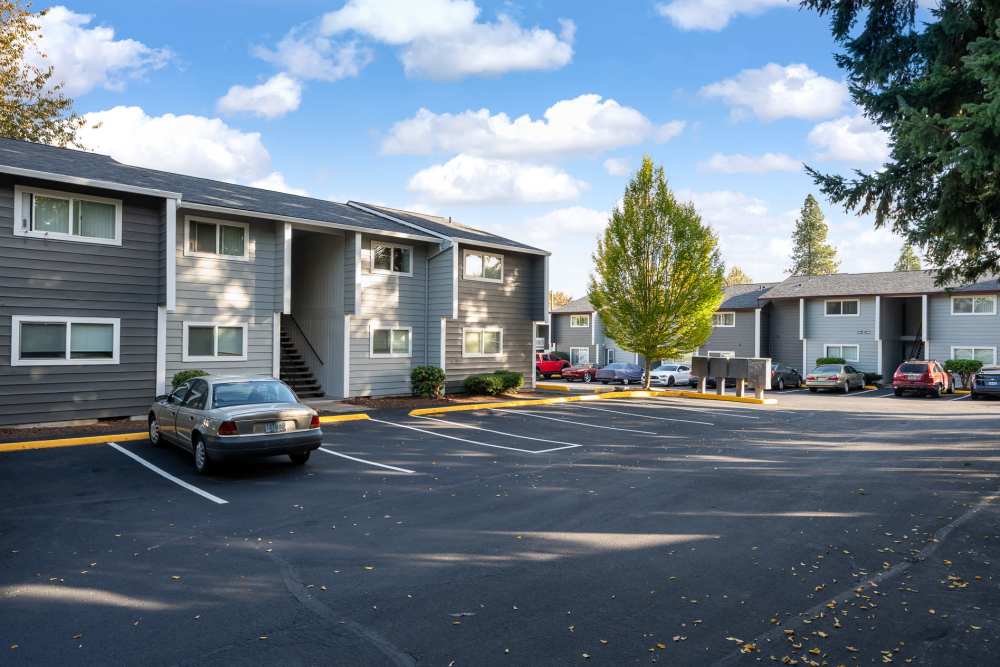Apartment exterior and parking space at Firwood Station in Portland, Oregon