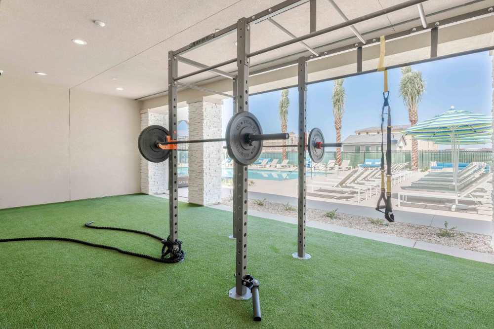 Outdoor fitness center at Desert Meadows Apartments & Townhomes in Lancaster, California
