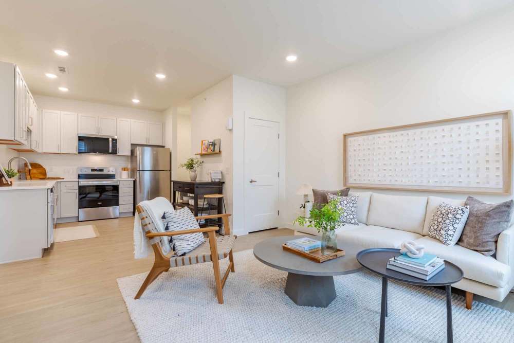 Furnished apartment with floor-to-ceiling windows at The Ramsay in Springdale, Arkansas