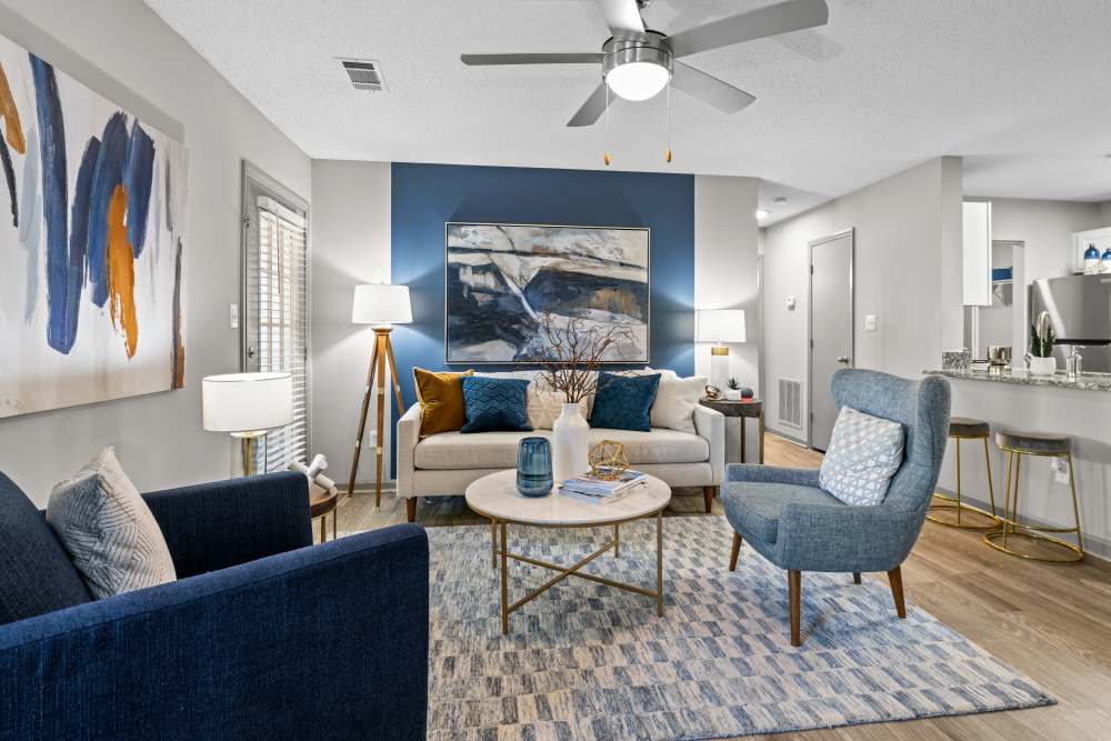 Cozy living area with patterned rug at Ascent Apartment Homes in Asheville, North Carolina