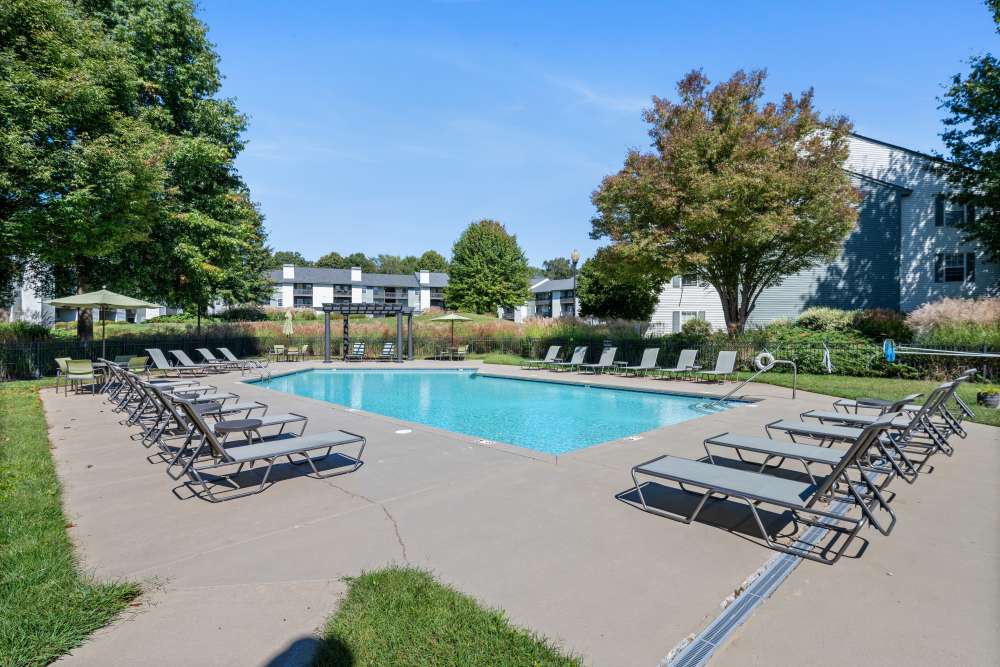 Modern pool with lounge chairs at Ascent Apartment Homes in Asheville, North Carolina
