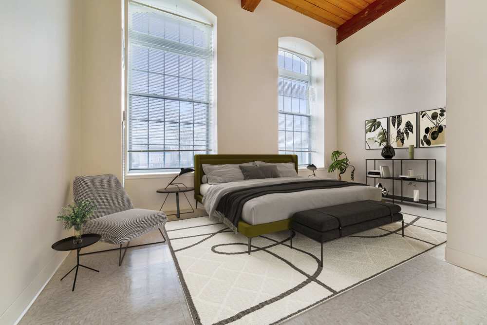 Apartment bedroom at Linwood Mill Apartments in Whitinsville, Massachusetts