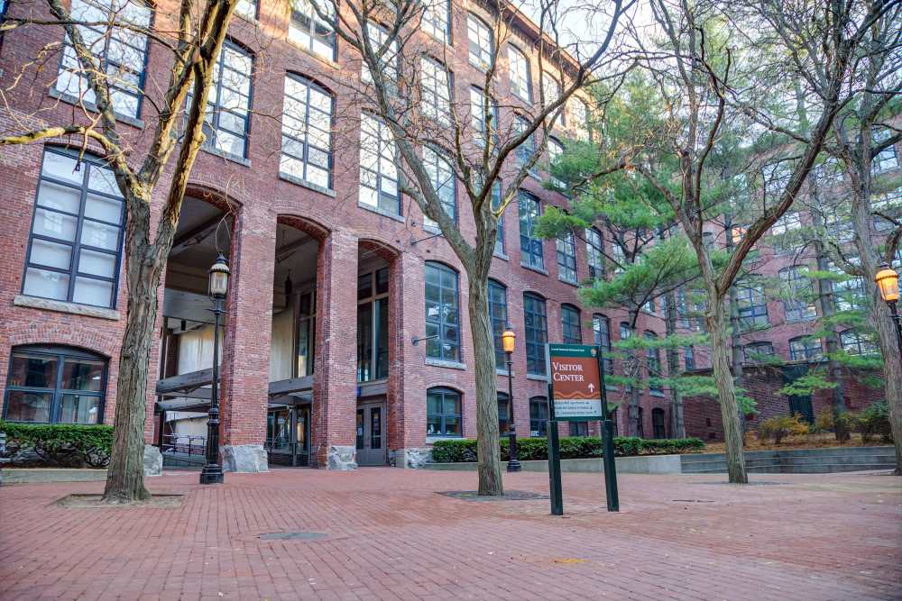 Building exterior at Market Mill Apartments in Lowell, Massachusetts
