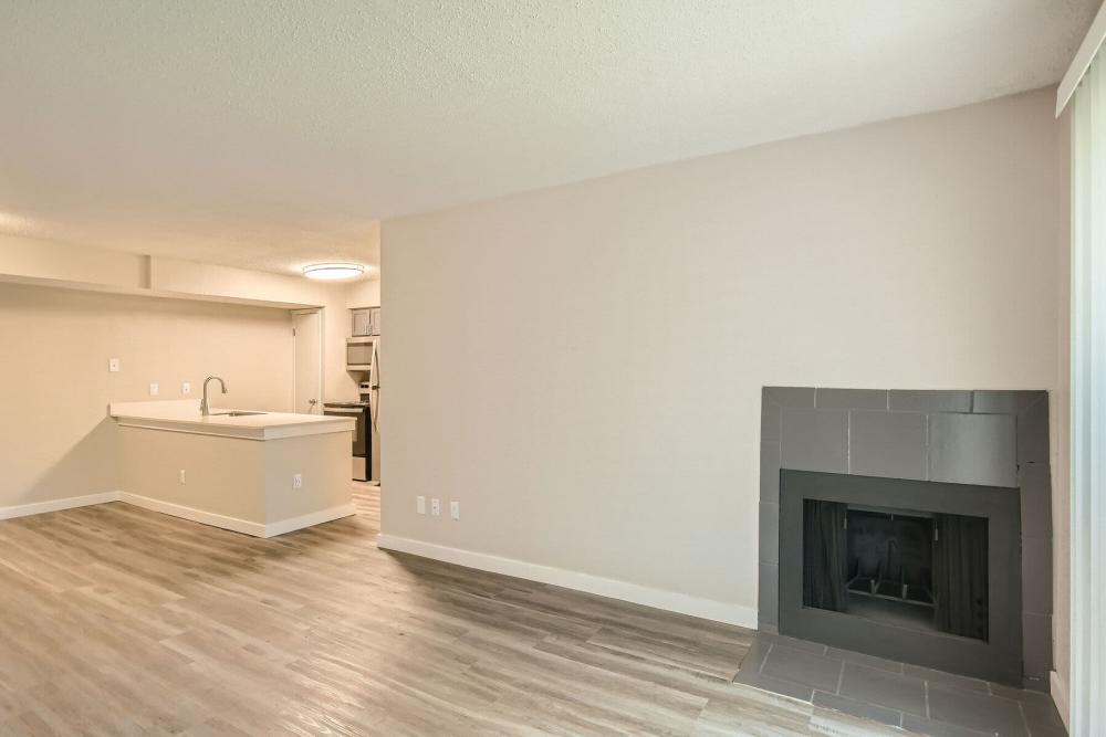 Living room with fireplace at Rochelle Plaza in Irving, Texas