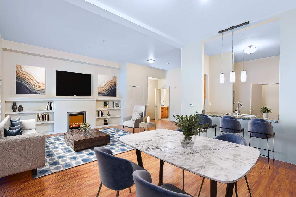 Apartment kitchen with stainless-steel appliances at Eddyline at Bridgeport in Portland, Oregon