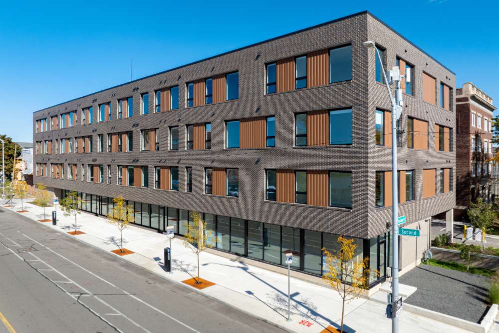 Building exterior at Detroit Living in Detroit, Michigan