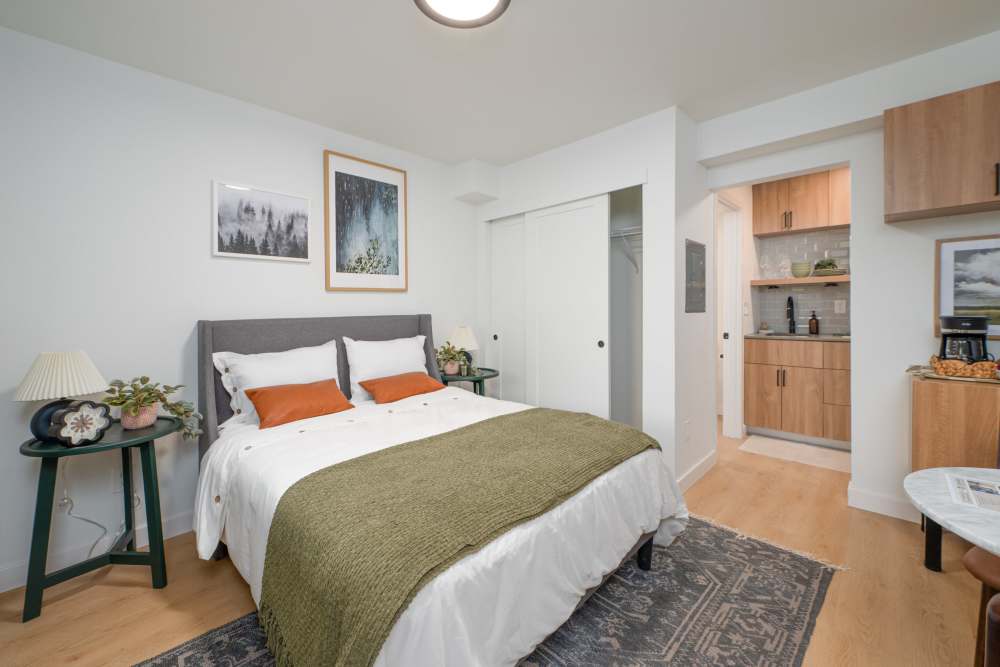 Bedroom with closets at Bellevue Ridge Apartments in Bellevue, Washington  
