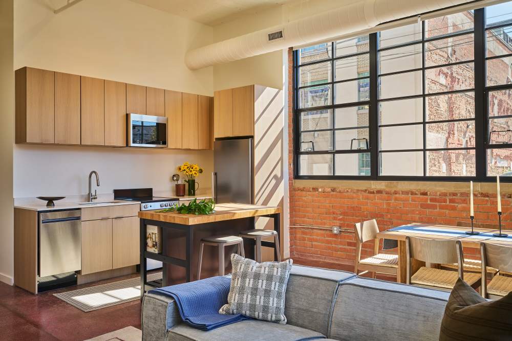 kitchen and living room at Detroit Living in Detroit, Michigan