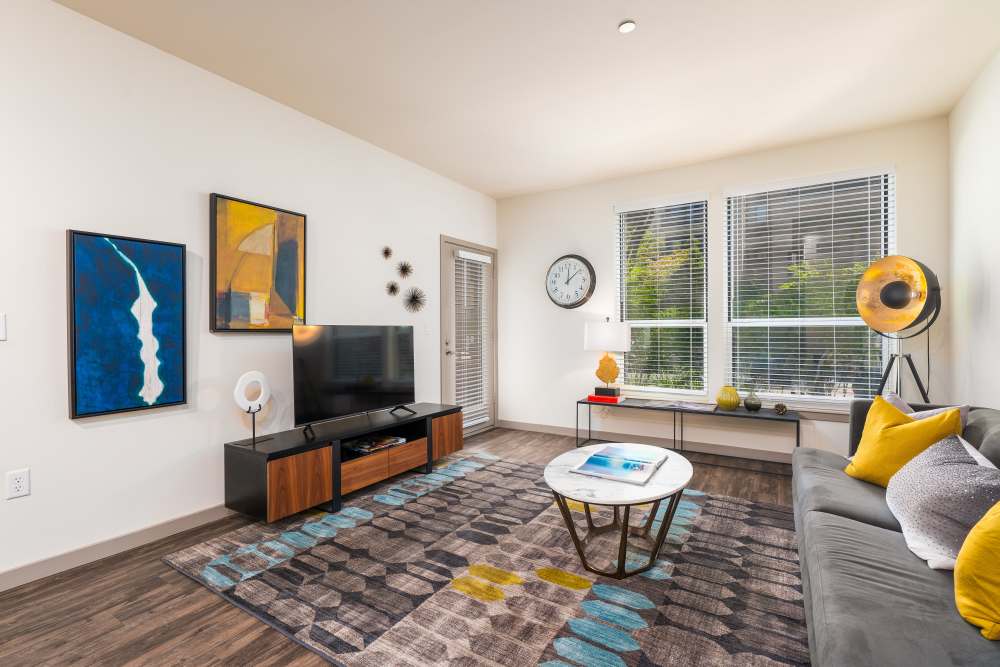 Living room with a TV at LINQ Midtown in Sacramento,California