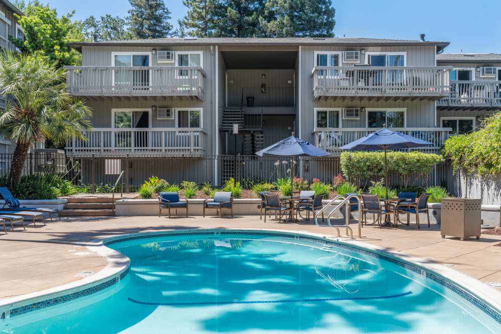Swimming pool with residents at Regency Plaza Apartment Homes in Martinez, California