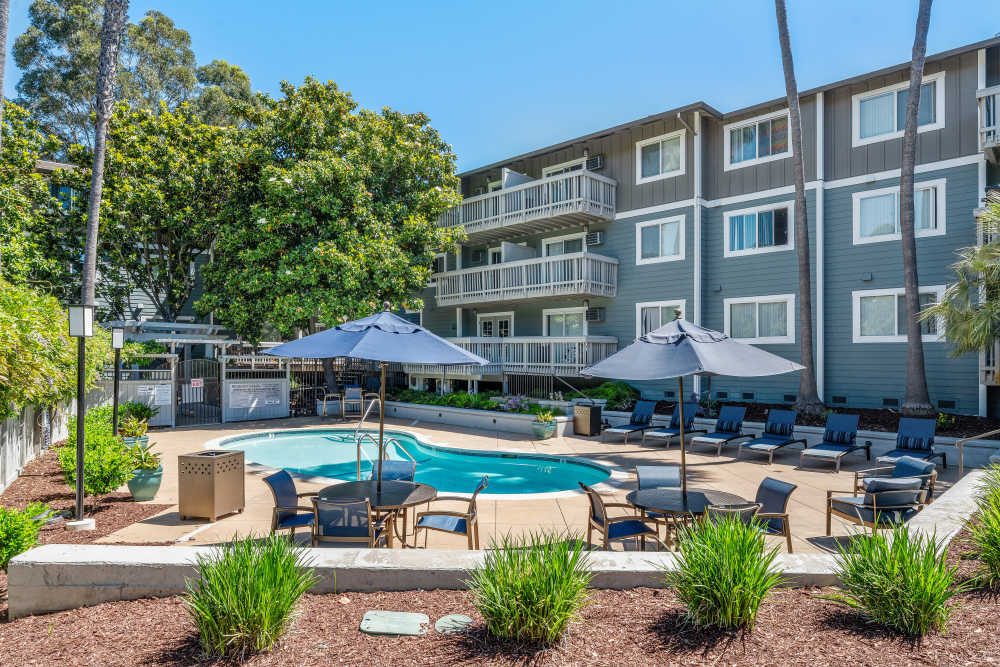 Pool with sun loungers at Regency Plaza Apartment Homes in Martinez, California