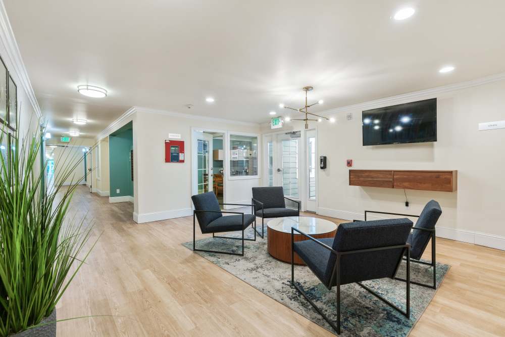 Indoor seating with television at Regency Plaza Apartment Homes in Martinez, California