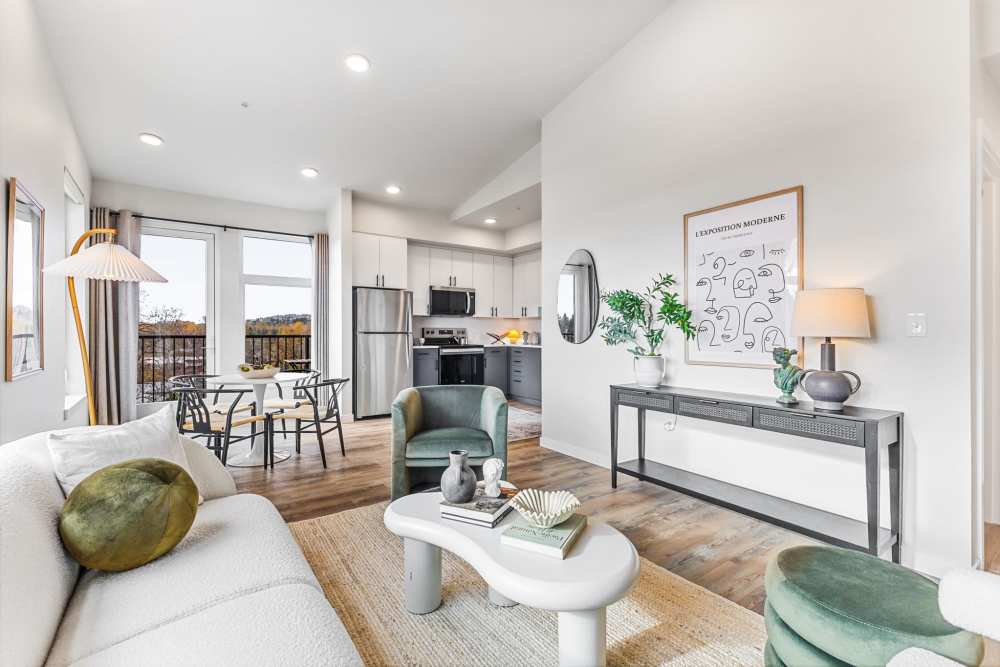 Living room with modern furniture and decor at Cartwright Apartments in Salem, Oregon.