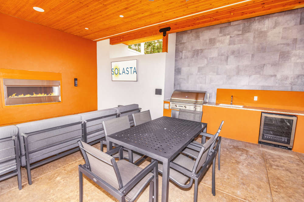 Kitchenette with coffee and tea bar at Solasta in Sacramento, California