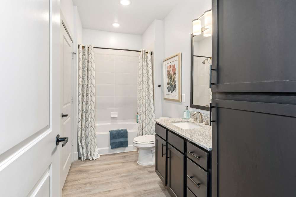 Bathroom with tub and granite vanity at The Heyward Apartments in Corinth, Texas.
