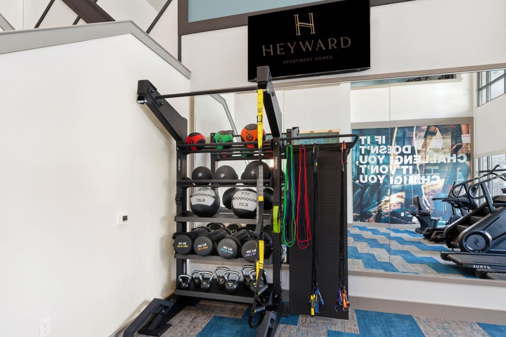 Gym equipment rack with weights and resistance bands at The Heyward Apartments in Corinth, Texas.