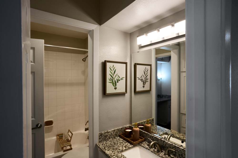 Bathroom with marble counter top  at The Fountains of Preston Hollow in Dallas, Texas
