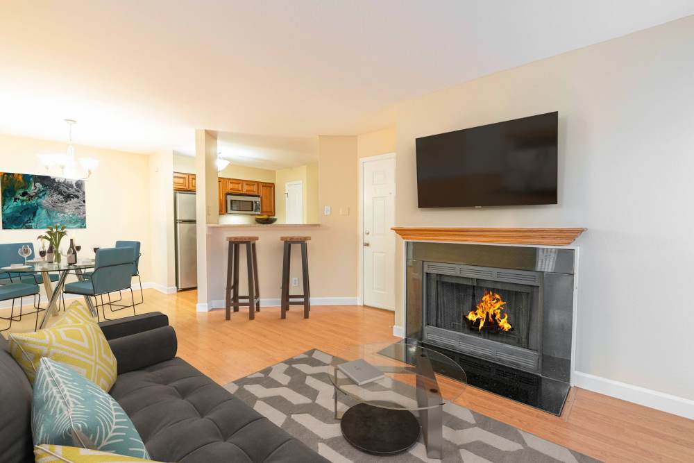 Living room with a TV at Peachtree Apartments in Chesterfield, Missouri