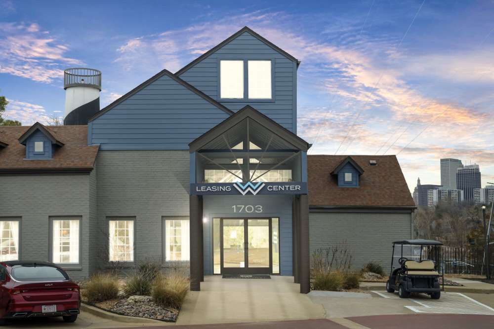 Night clubhouse entry with lights at Waterside in Tulsa, Oklahoma