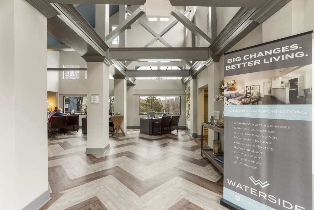 Clubhouse entry display banner at Waterside in Tulsa, Oklahoma
