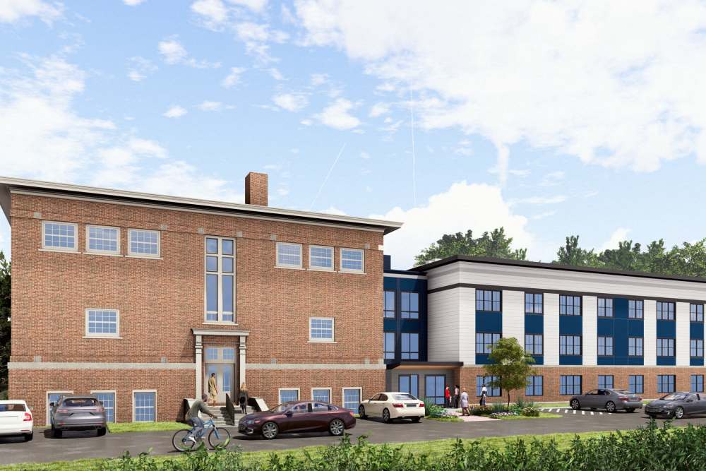 Exterior of the building at Baldwinville School Apartments in Templeton, Massachusetts