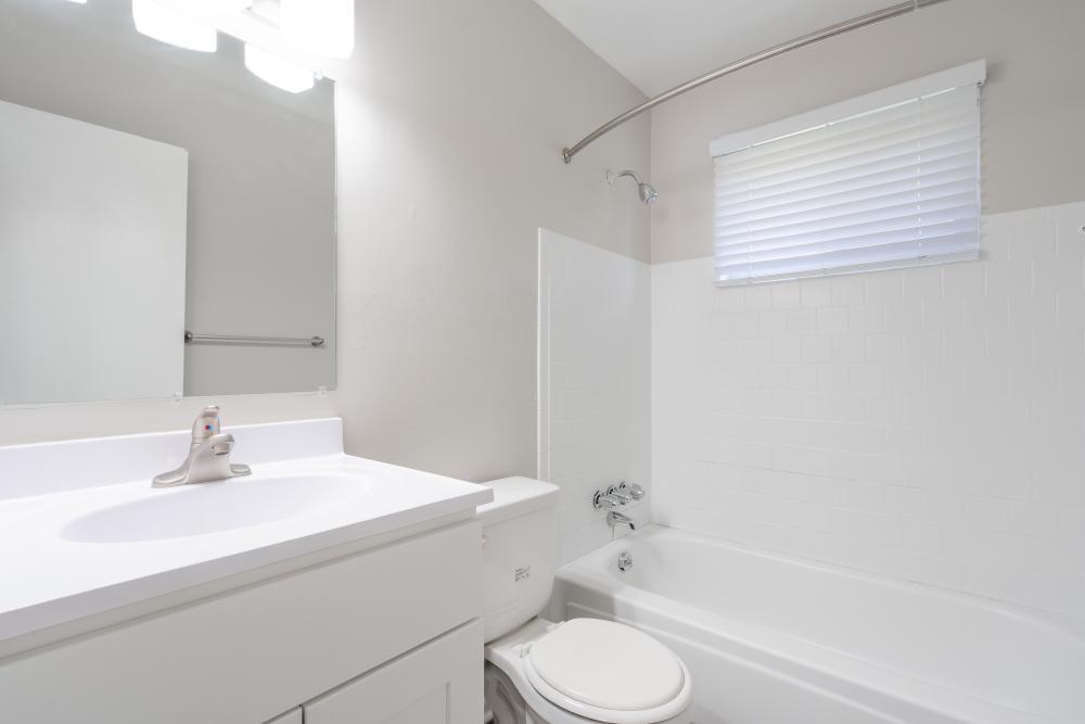 Bright bathroom with vanity lights, white cabinetry, large mirror and a commode at Deering Manor in Richmond,Virginia