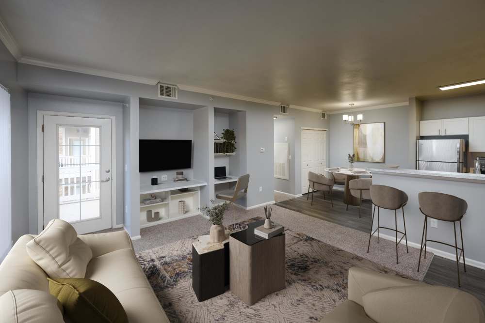 Living room overlooking thekitchen at Westridge Apartments in Aurora, Colorado