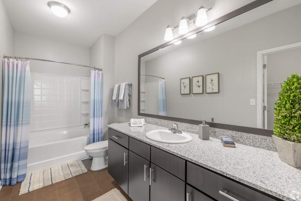 A furnished apartment living room with a ceiling fan at South Ridge in Greenville, South Carolina