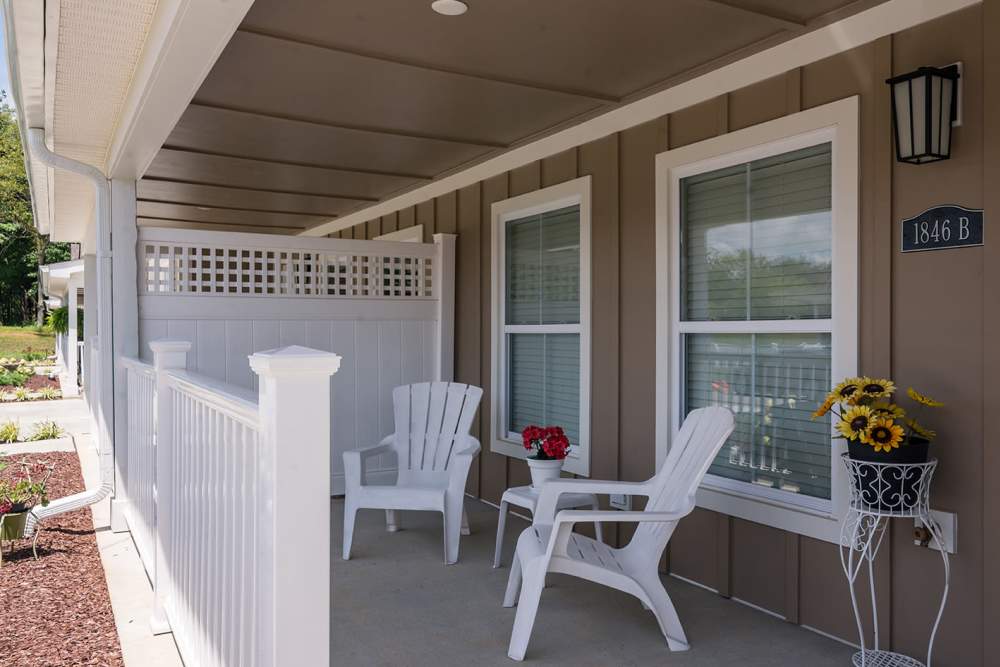 covered front porch of town home at Legacy Living Fishers in Fishers,Indiana