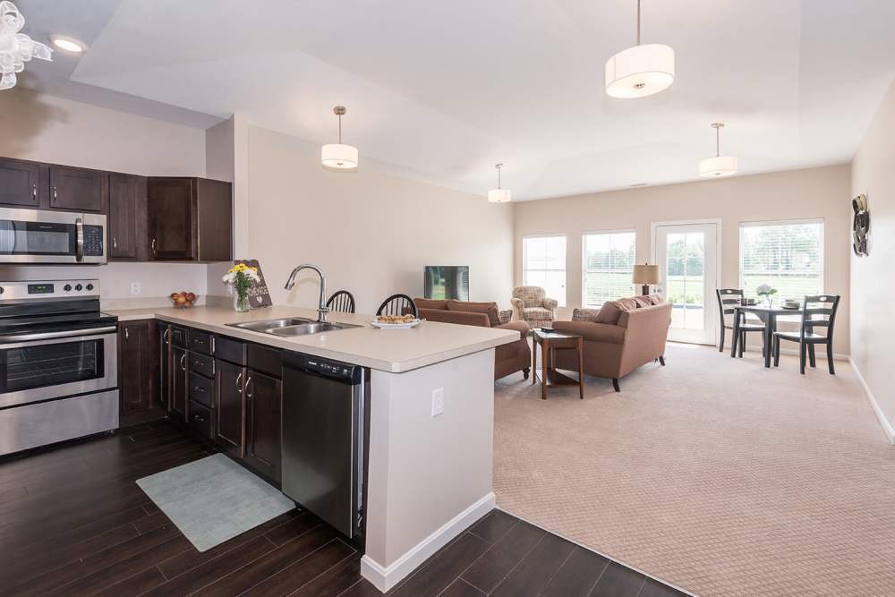 kitchen and living room at Legacy Living Fishers in Fishers,Indiana